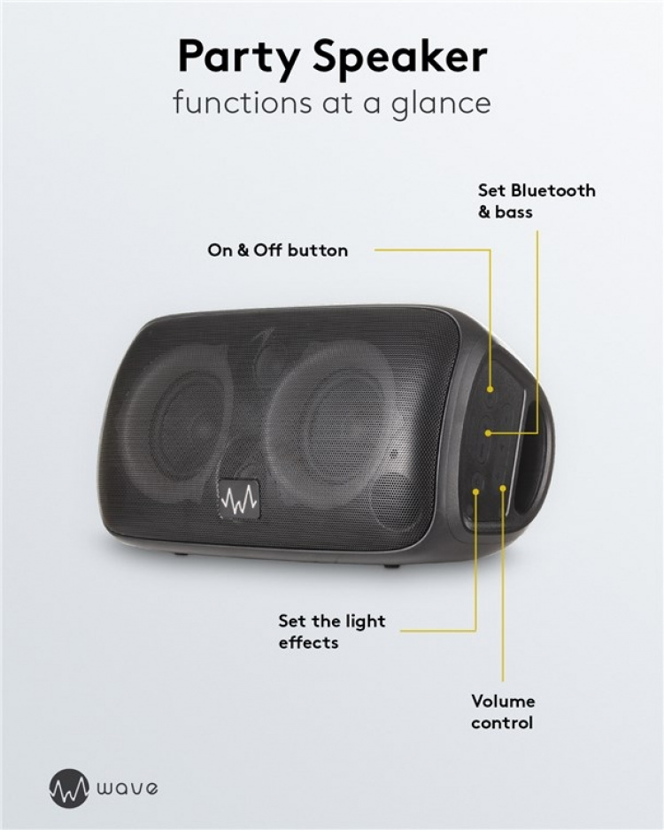 Waveaudio Wave Party Speaker er en bærbar Bluetooth-høyttaler med mikrofon og LED-lys for musikkglede når som helst og hvor som helst