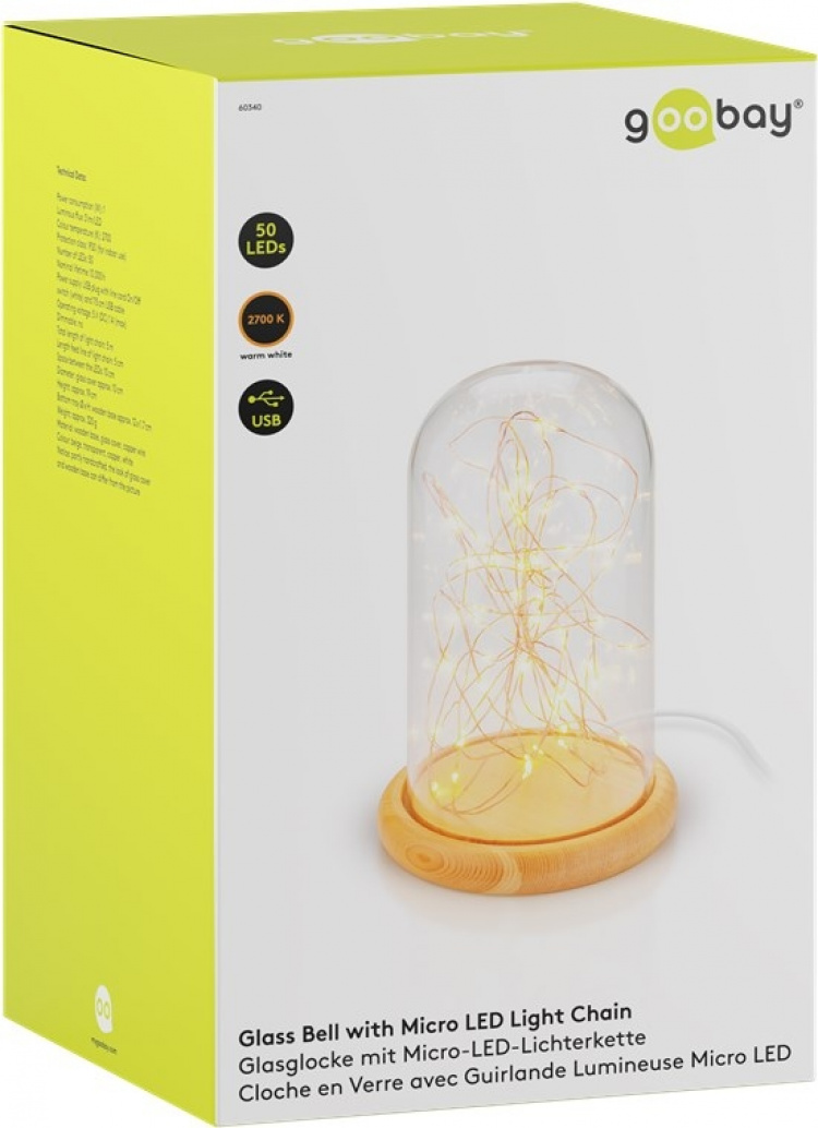 Goobay Glaskupa med mikro LED mikro-ljusslinga med träplatta, 115 cm USB-kabel, 5 m ljuskedja med 50 mikro-LED i varmvitt (2700 K) och strömbrytare (On/Off)
