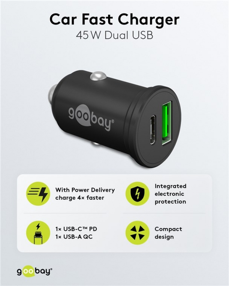 Goobay Dobbel USB-billader USB-C™ PD (Power Delivery) (45 W) 45 W (12/24 V), egnet for enheter med USB-C™ (Power Delivery), f.eks. iPhone 12 Goobay Dobbel USB-billader USB-C™ PD (Power Delivery) (45 W) 45 W (12/24 V), egnet for enheter med USB-C™ (Power Delivery), f.eks. iPhone 12