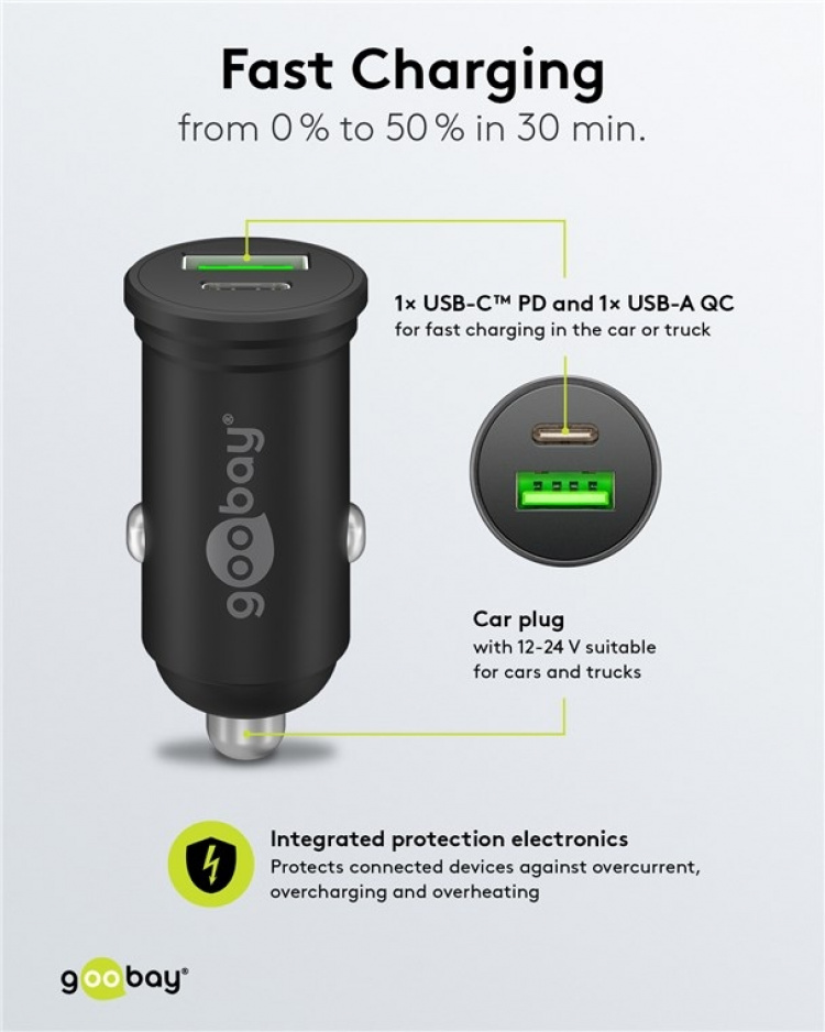 Goobay Dobbel USB-billader USB-C™ PD (Power Delivery) (45 W) 45 W (12/24 V), egnet for enheter med USB-C™ (Power Delivery), f.eks. iPhone 12 Goobay Dobbel USB-billader USB-C™ PD (Power Delivery) (45 W) 45 W (12/24 V), egnet for enheter med USB-C™ (Power Delivery), f.eks. iPhone 12