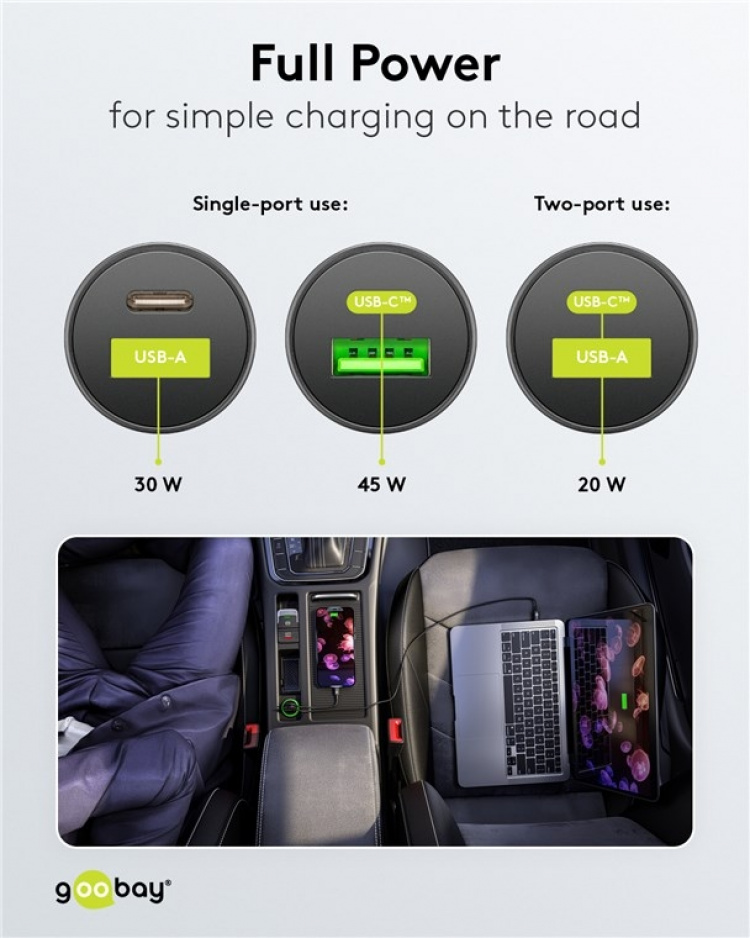 Goobay Dobbel USB-billader USB-C™ PD (Power Delivery) (45 W) 45 W (12/24 V), egnet for enheter med USB-C™ (Power Delivery), f.eks. iPhone 12 Goobay Dobbel USB-billader USB-C™ PD (Power Delivery) (45 W) 45 W (12/24 V), egnet for enheter med USB-C™ (Power Delivery), f.eks. iPhone 12