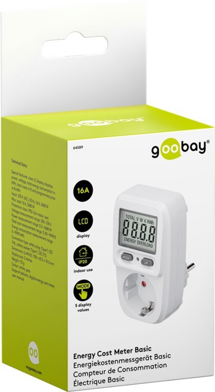 Goobay Digital energimåler Basic for måling av energiforbruket til elektriske husholdningsapparater