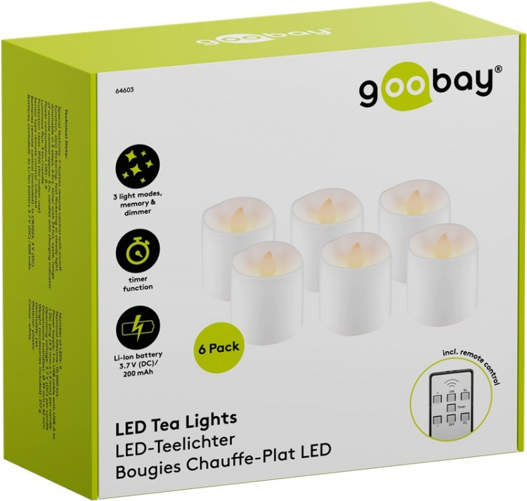 Goobay Sett med 6 LED-teklys med fjernkontroll, for innendørs bruk (IP20), varmhvit (2700 K), lading via USB Goobay Sett med 6 LED-teklys med fjernkontroll, for innendørs bruk (IP20), varmhvit (2700 K), lading via USB