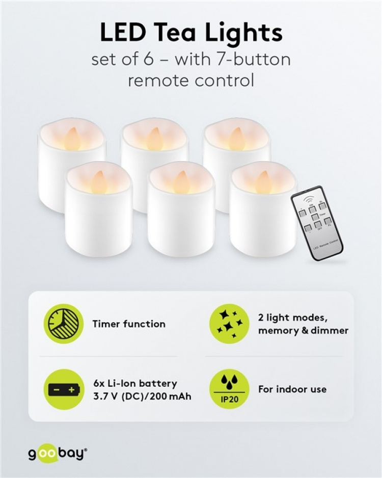 Goobay Sett med 6 LED-teklys med fjernkontroll, for innendørs bruk (IP20), varmhvit (2700 K), lading via USB Goobay Sett med 6 LED-teklys med fjernkontroll, for innendørs bruk (IP20), varmhvit (2700 K), lading via USB