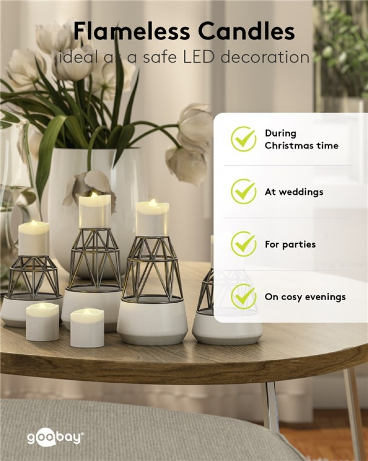 Goobay Sett med 6 LED-teklys med fjernkontroll, for innendørs bruk (IP20), varmhvit (2700 K), lading via USB Goobay Sett med 6 LED-teklys med fjernkontroll, for innendørs bruk (IP20), varmhvit (2700 K), lading via USB