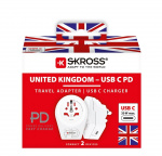 SKROSS World Adapter - World to UK USB-C™ PD for alle jordede og ujordede enheter (2- og 3-pinners), med integrert, ultrahurtig USB-C™-lader (Power Delivery)