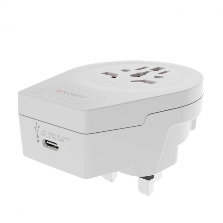 SKROSS World Adapter - World to UK USB-C™ PD for alle jordede og ujordede enheter (2- og 3-pinners), med integrert, ultrahurtig USB-C™-lader (Power Delivery)