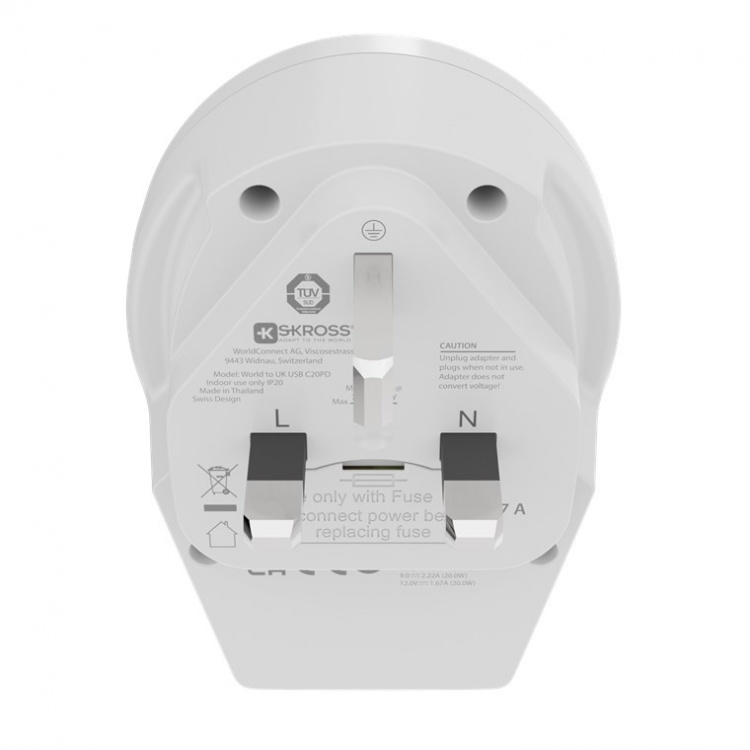 SKROSS World Adapter - World to UK USB-C™ PD for alle jordede og ujordede enheter (2- og 3-pinners), med integrert, ultrahurtig USB-C™-lader (Power Delivery)