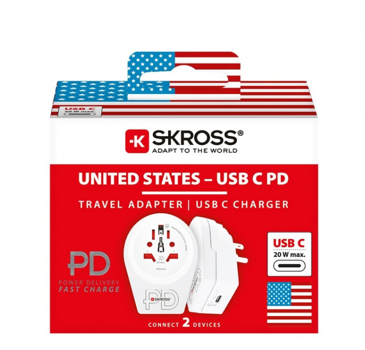 SKROSS World Adapter - World to USA USB-C™ PD for alle jordede og ujordede enheter (2- og 3-pinners), med integrert, ultrahurtig USB-C™-lader (Power Delivery)