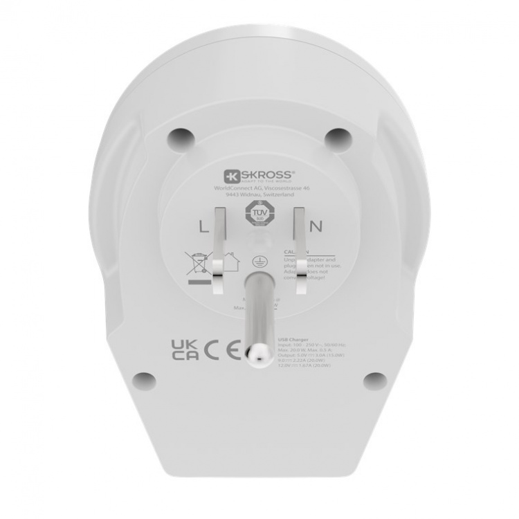 SKROSS World Adapter - World to USA USB-C™ PD for alle jordede og ujordede enheter (2- og 3-pinners), med integrert, ultrahurtig USB-C™-lader (Power Delivery)