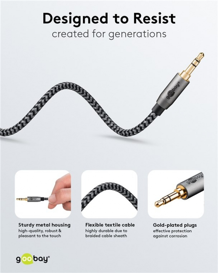 Goobay Tilkoblingskabel AUX, 3,5 mm stereo, 0,5 m, Sharkskin Grey Pawl 3,5 mm plugg (3-pinners, Stereo) > Pawl 3,5 mm plugg (3-pinners, Stereo)