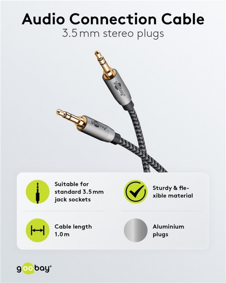 Goobay Tilkoblingskabel AUX, 3,5 mm stereo, 1 m, Sharkskin Grey Pawl 3,5 mm plugg (3-pinners, Stereo) > Pawl 3,5 mm plugg (3-pinners, Stereo)