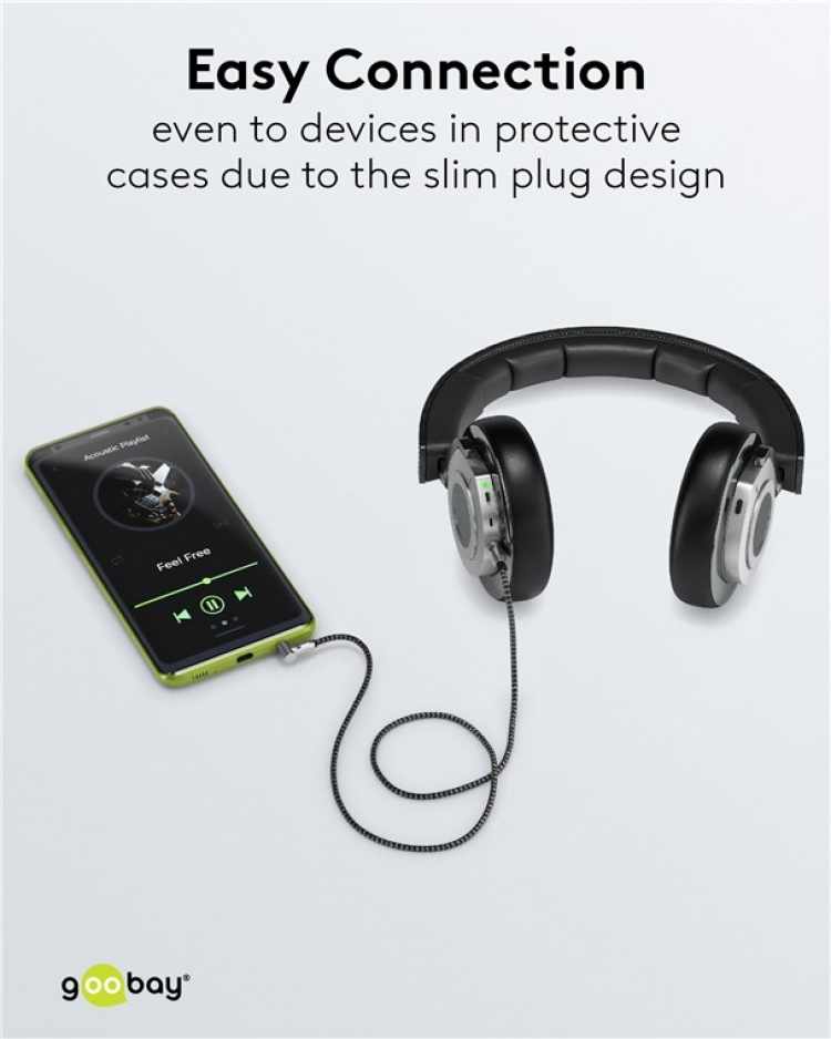 Goobay Tilkoblingskabel AUX, 3,5 mm stereo, 90°, 0,5 m, Sharkskin Grey Pawl 3,5 mm plugg (3-pinners, Stereo) > Pawl 3,5 mm plugg (3-pinners, Stereo) 90°