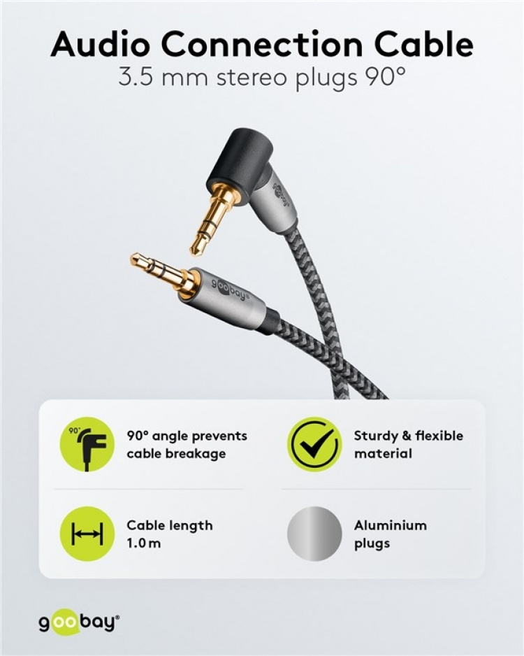 Goobay Tilkoblingskabel AUX, 3,5 mm stereo, 90°, 1 m, Sharkskin Grey Pawl 3,5 mm plugg (3-pinners, Stereo) > Pawl 3,5 mm plugg (3-pinners, Stereo) 90°