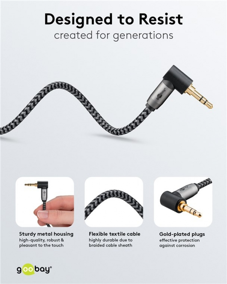 Goobay Tilkoblingskabel AUX, 3,5 mm stereo, 90°, 1 m, Sharkskin Grey Pawl 3,5 mm plugg (3-pinners, Stereo) > Pawl 3,5 mm plugg (3-pinners, Stereo) 90°