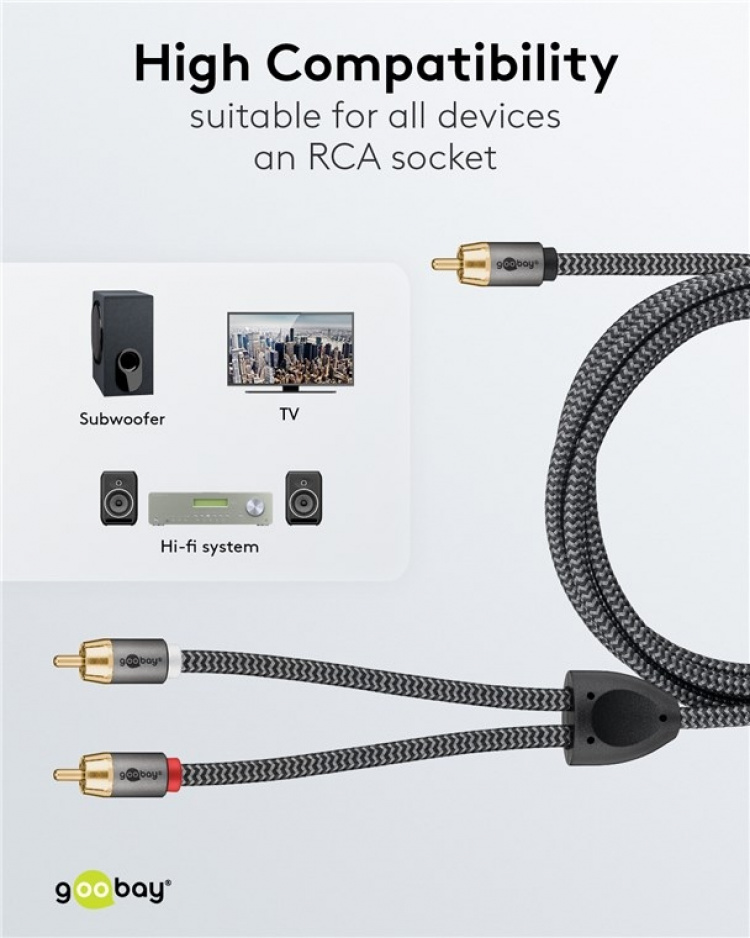 Goobay RCA-splitterkabel, 2 m, Sharkskin Grey Cinch-kontakt (woofer, senter) > 2x Cinch-kontakt (woofer)