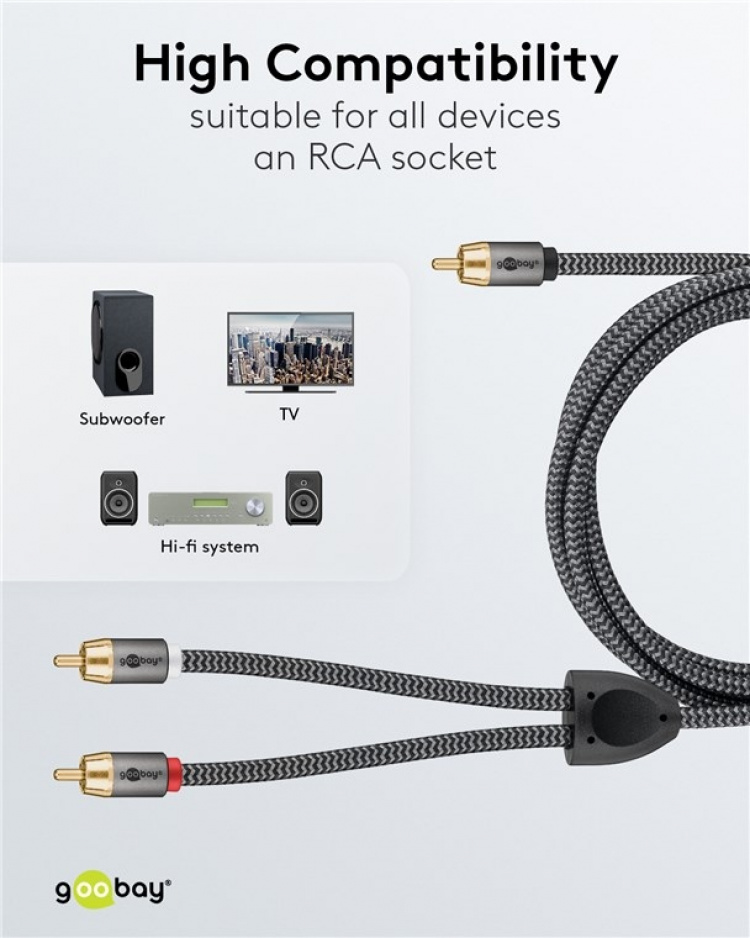 Goobay RCA-splitterkabel, 3 m, Sharkskin Grey Cinch-kontakt (woofer, senter) > 2x Cinch-kontakt (woofer)