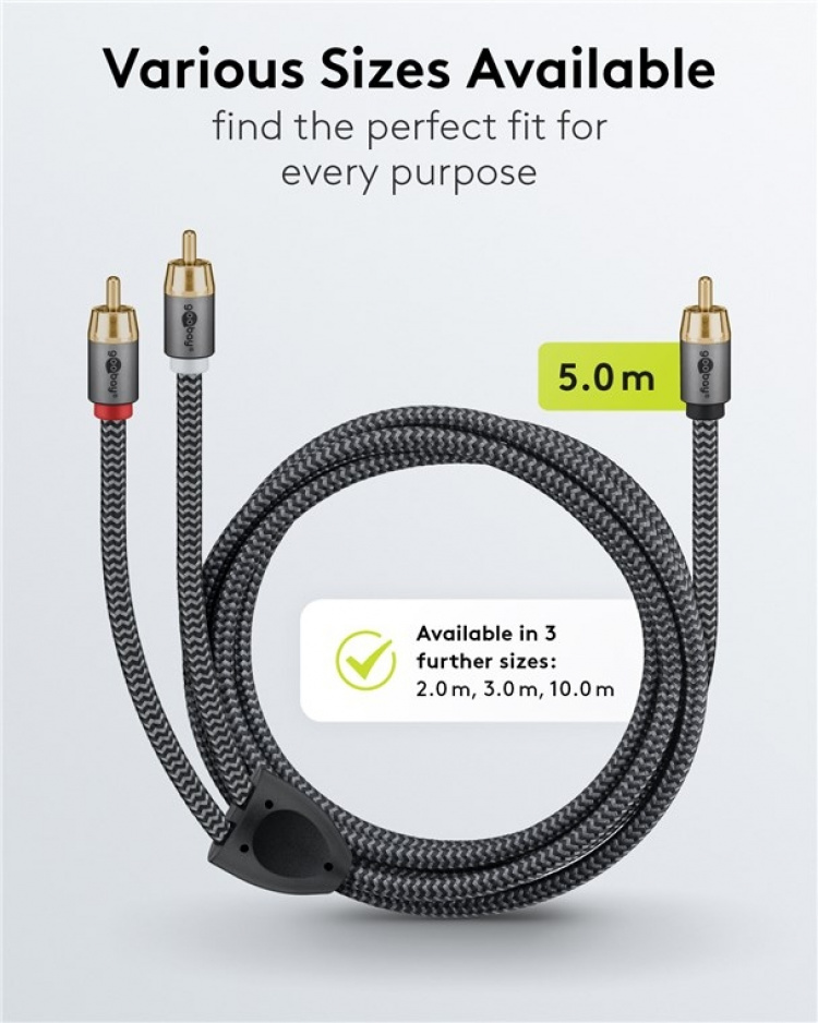 Goobay RCA-splitterkabel, 5 m, Sharkskin Grey Cinch-kontakt (woofer, senter) > 2x Cinch-kontakt (woofer)