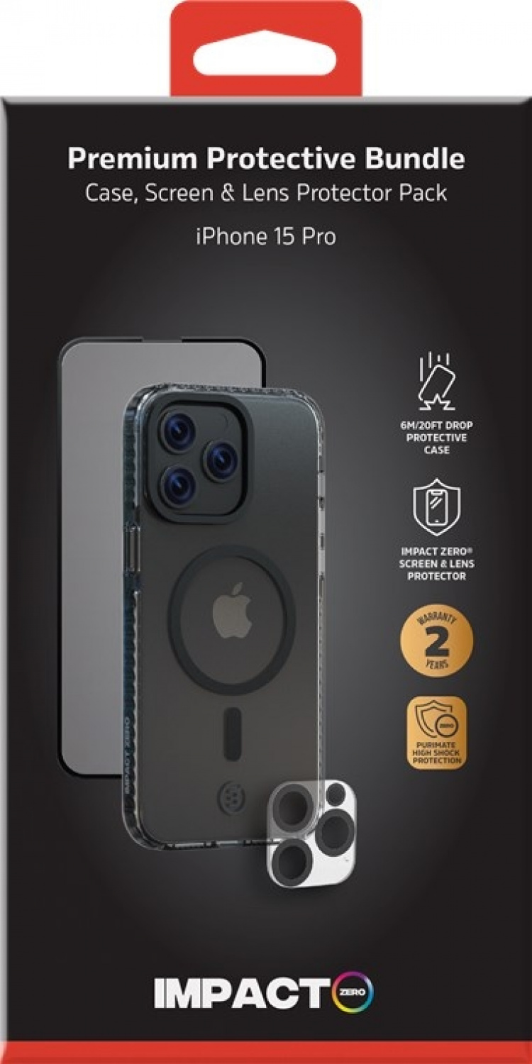 Impact Zero mobilskall 3-i-1-sett kompatibelt med Apple iPhone 15 Pro, gjennomsiktig
