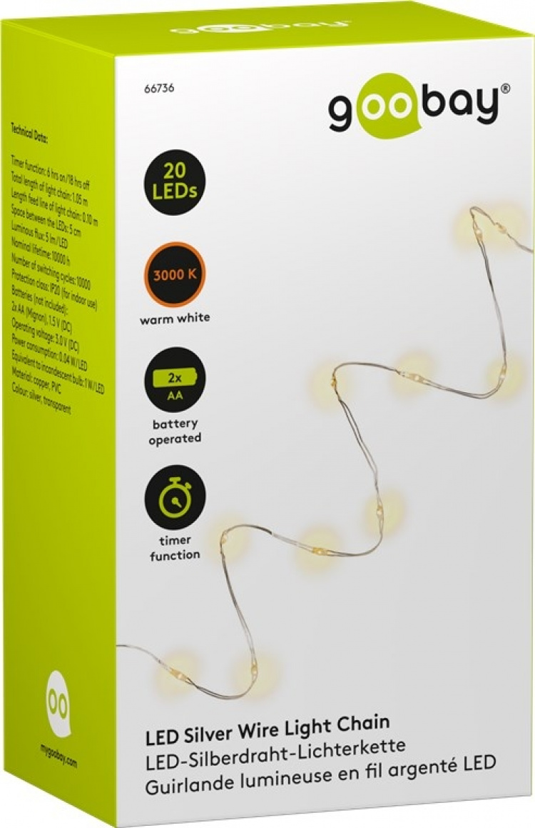 Goobay Lyskæde med sølvtråd og 20 LED-lys, inkl. timer Stemningsfull lysdekorasjon for innendørs bruk