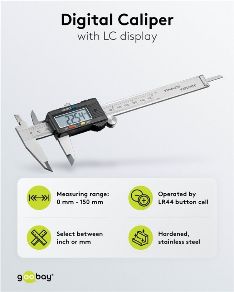 Goobay Digital skyvelære 150 mm / 6 tommer for målinger fra 0 mm - 150 mm