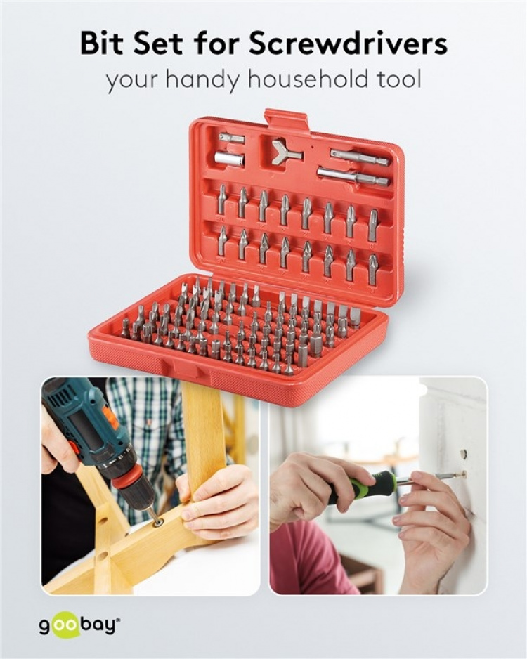 Fixpoint Bitssett, bitssett med 100 deler for batteridrevne skrutrekkere og skralle