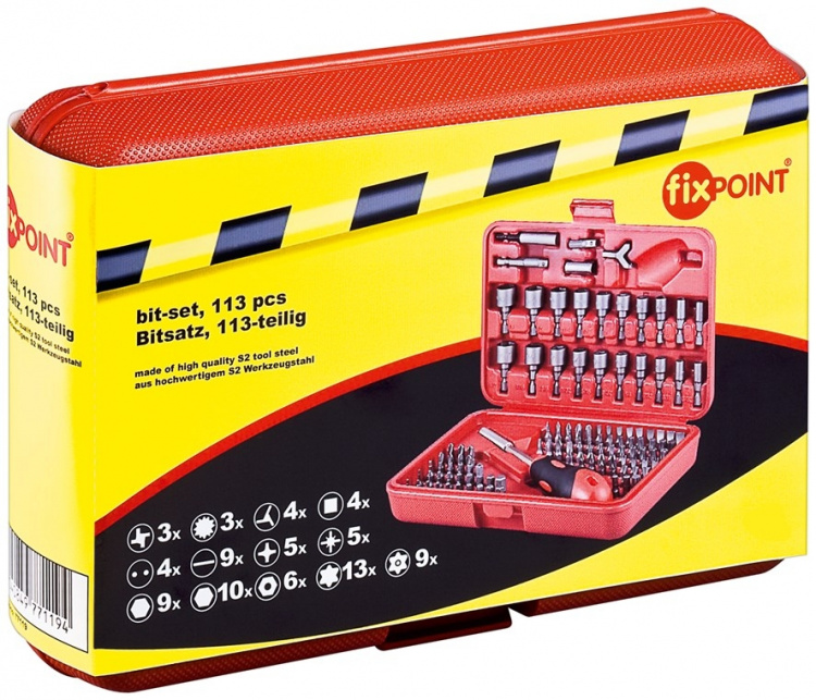 Fixpoint Bitsett med 113 deler for batteridrevne skrutrekkere og skralleverktøy