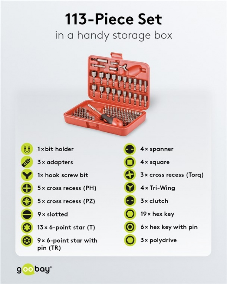 Fixpoint Bitsett med 113 deler for batteridrevne skrutrekkere og skralleverktøy