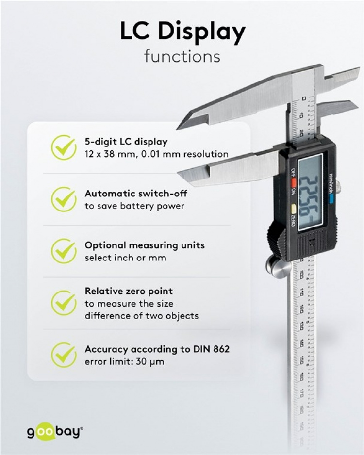 Goobay Digital skyvelære 300 mm / 12 tommer for målinger fra 0 mm - 300 mm