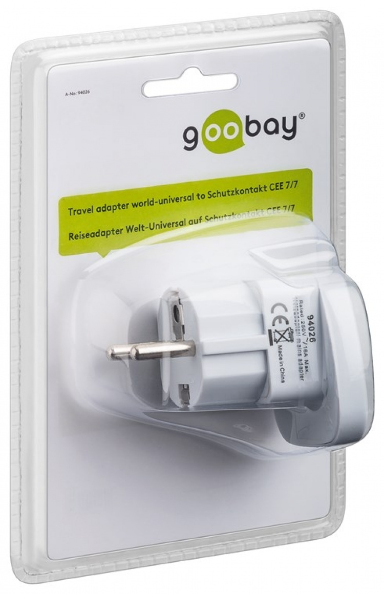 Goobay World to EU reiseadapter, hvit plugg med jording (type F, CEE 7/7) > britisk stikkontakt, sveitsisk stikkontakt (type J, SEV 1011), italiensk stikkontakt (type L, CEI 23-16-VII), amerikansk/japansk stikkontakt (type B, NEMA 5-15, 3-pinners)