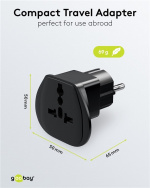 Goobay World to EU reiseadapter, svart plugg med jording (type F, CEE 7/7) > britisk stikkontakt, sveitsisk stikkontakt (type J, SEV 1011), italiensk stikkontakt (type L, CEI 23-16-VII), amerikansk/japansk stikkontakt (type B, NEMA 5-15, 3-pinners)
