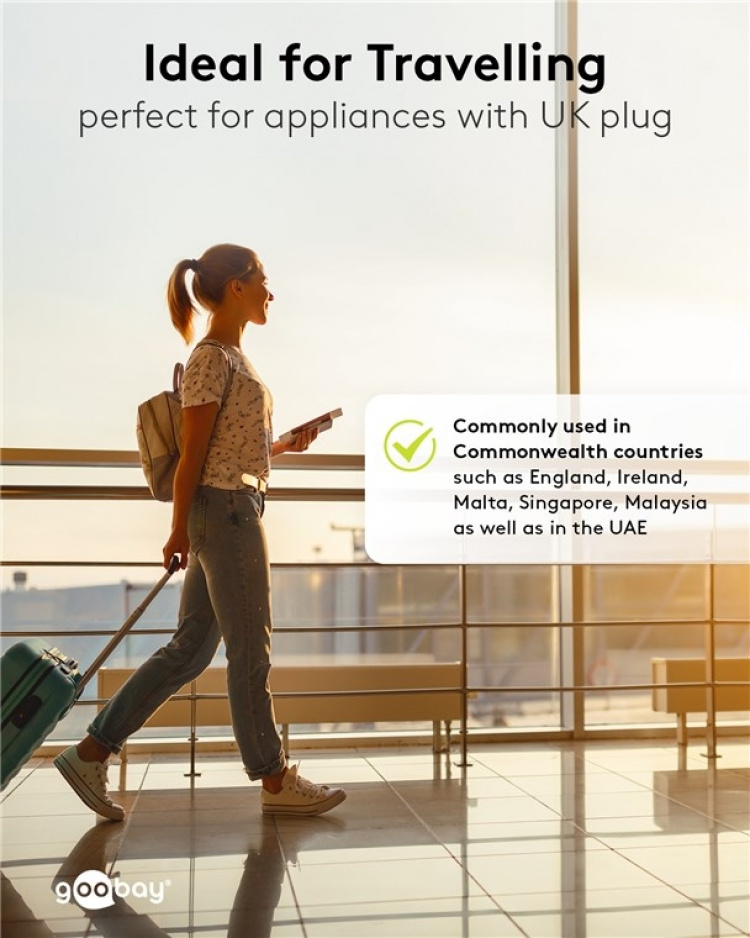 Goobay World to EU reiseadapter, svart plugg med jording (type F, CEE 7/7) > britisk stikkontakt, sveitsisk stikkontakt (type J, SEV 1011), italiensk stikkontakt (type L, CEI 23-16-VII), amerikansk/japansk stikkontakt (type B, NEMA 5-15, 3-pinners)
