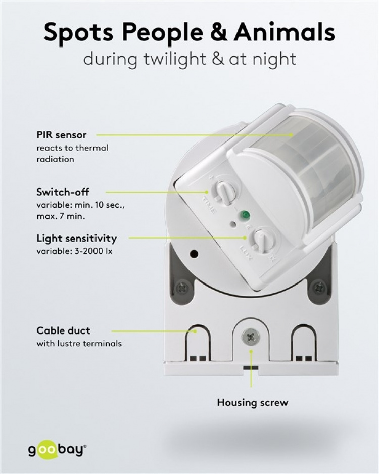 Goobay Veggmontert infrarød bevegelsesdetektor, 180° deteksjon, 12 m rekkevidde, for utendørs bruk (IP44), LED-kompatibel