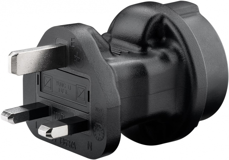 Goobay Nettadapter UK, svart stikkontakt med jording (type F, CEE 7/3) > UK 3-polet støpsel (type G, BS 8546)