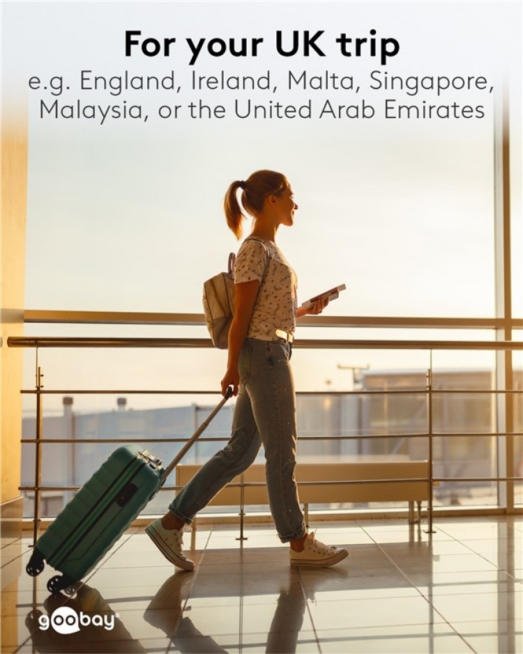 Goobay Nettadapter UK, svart stikkontakt med jording (type F, CEE 7/3) > UK 3-polet støpsel (type G, BS 8546)