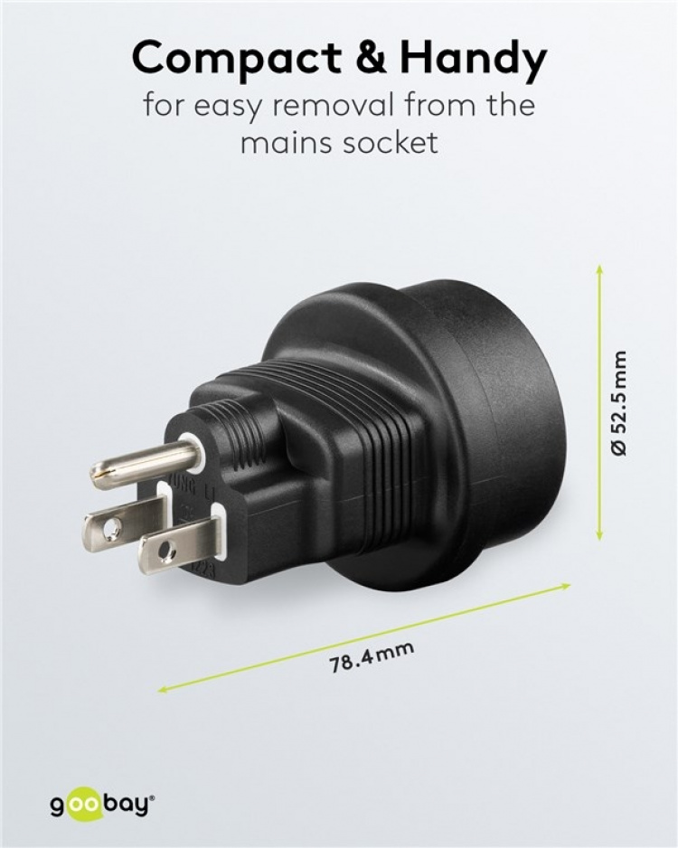 Goobay AC-adapter US, svart stikkontakt med jording (type F, CEE 7/3) > US/japansk støpsel (type B, NEMA 5-15, 3-pinners)