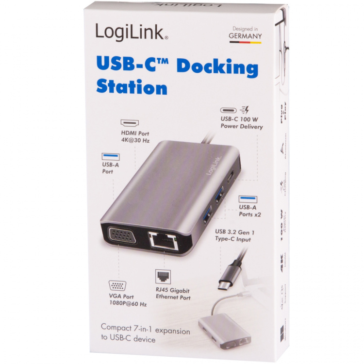 LogiLink USB-C-dokkingstasjon 7-i-1 HDMI/VGA/RJ45/USB-C 100W PD LogiLink USB-C-dokkingstasjon 7-i-1 HDMI/VGA/RJ45/USB-C 100W PD