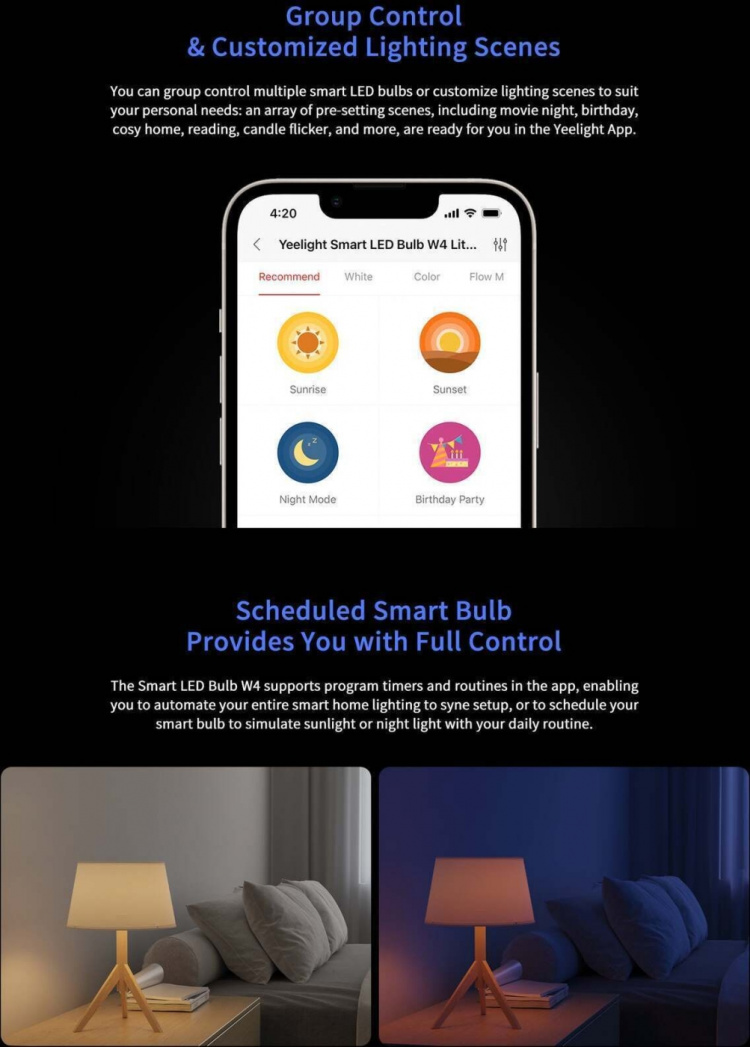 Yeelight LED Smart Bulb W4 Lite Flerfarget smartpære, E27, 4-pakning