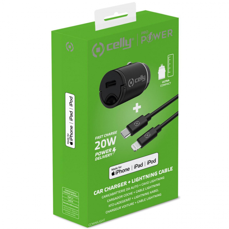 Celly Mini USB-C PD 20W billader + USB-C til lynkabel Celly Mini USB-C PD 20W billader + USB-C til lynkabel