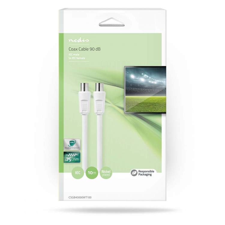 Nedis Coax Cable | IEC (Coax) Han | IEC (Coax) Hun | Nikkel belagt | 90 dB | 75 Ohm | Dobbelt skjermet | 10.0 m | Rund | PVC | Hvit | Boks