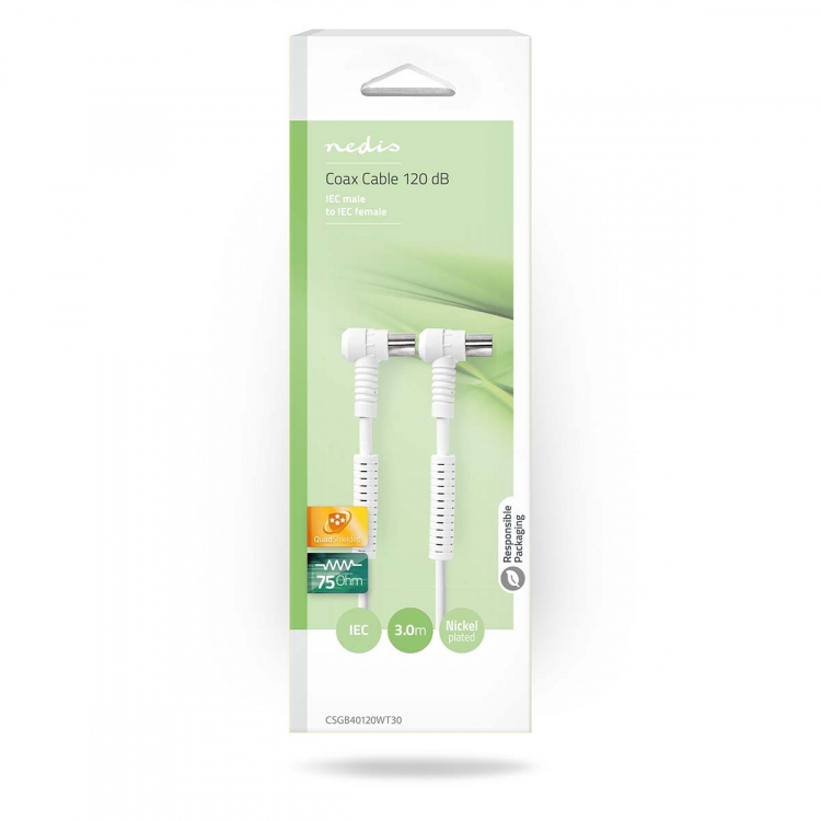 Nedis Coax Cable | IEC (Coax) Han | IEC (Coax) Hun | Nikkel belagt | 120 dB | 75 Ohm | Quad skjermet | 3.00 m | Rund | PVC | Hvit | Boks