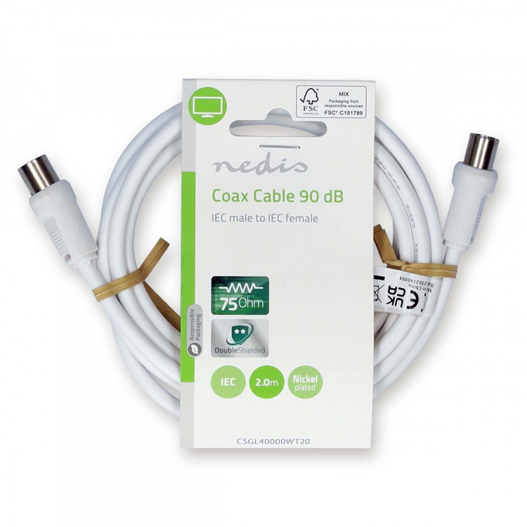 Nedis Coax Cable | IEC (Coax) Han | IEC (Coax) Hun | Nikkel belagt | 90 dB | 75 Ohm | Dobbelt skjermet | 2.00 m | Rund | PVC | Hvit | Label Nedis Coax Cable | IEC (Coax) Han | IEC (Coax) Hun | Nikkel belagt | 90 dB | 75 Ohm | Dobbelt skjermet | 2.00 m | Rund | PVC | Hvit | Label