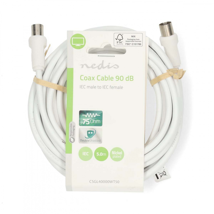 Nedis Coax Cable | IEC (Coax) Han | IEC (Coax) Hun | Nikkel belagt | 90 dB | 75 Ohm | Dobbelt skjermet | 5.00 m | Rund | PVC | Hvit | Label