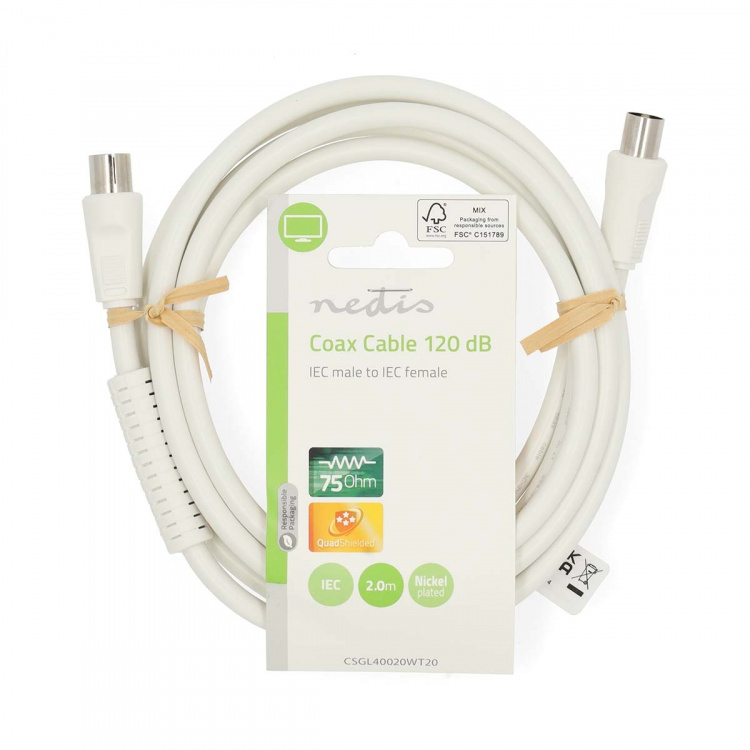 Nedis Coax Cable | IEC (Coax) Han | IEC (Coax) Hun | Nikkel belagt | 120 dB | 75 Ohm | Quad skjermet | 2.00 m | Rund | PVC | Hvit | Label