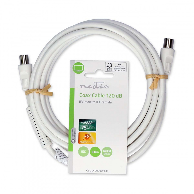 Nedis Coax Cable | IEC (Coax) Han | IEC (Coax) Hun | Nikkel belagt | 120 dB | 75 Ohm | Quad skjermet | 3.00 m | Rund | PVC | Hvit | Label