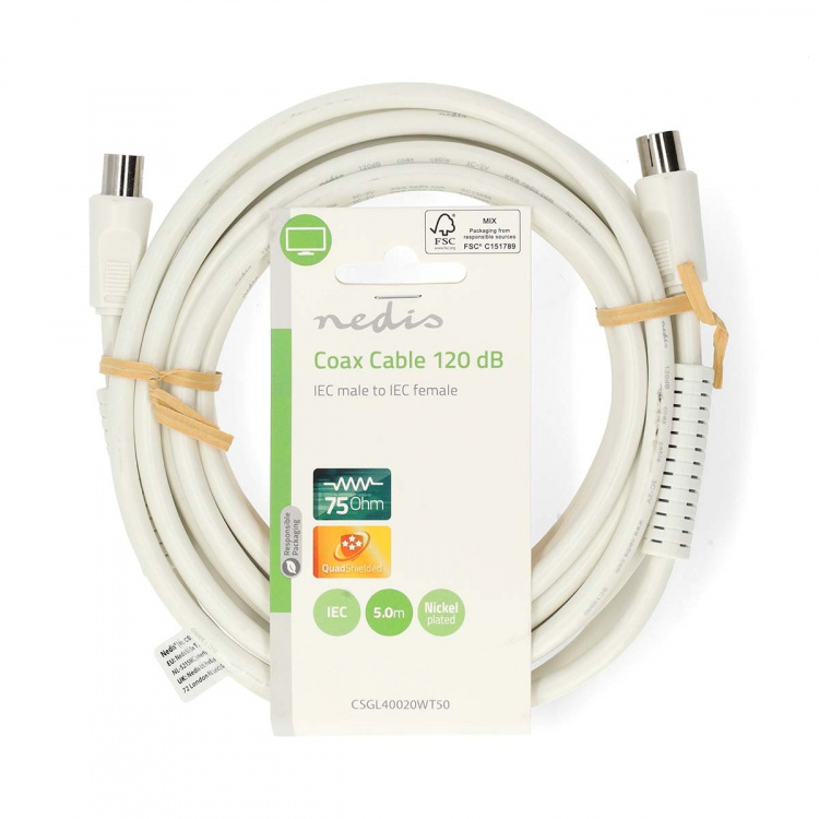Nedis Coax Cable | IEC (Coax) Han | IEC (Coax) Hun | Nikkel belagt | 120 dB | 75 Ohm | Quad skjermet | 5.00 m | Rund | PVC | Hvit | Label