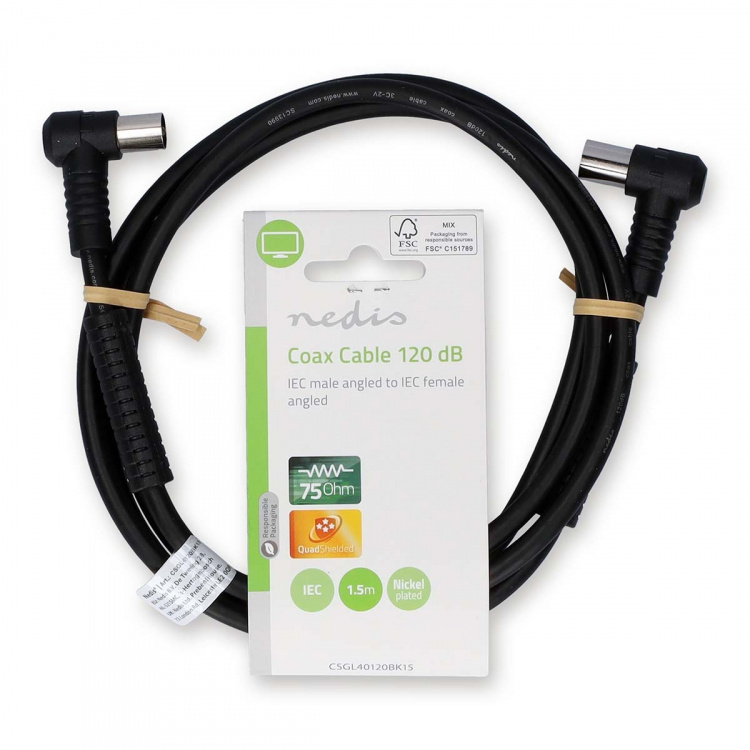 Nedis Coax Cable | IEC (Coax) Han | IEC (Coax) Hun | Nikkel belagt | 120 dB | 75 Ohm | Quad skjermet | 1.50 m | Rund | PVC | Sort | Label