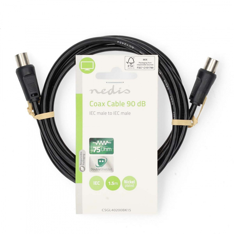Nedis Coax Cable | IEC (Coax) Han | IEC (Coax) Han | Nikkel belagt | 90 dB | 75 Ohm | Dobbelt skjermet | 1.50 m | Rund | PVC | Sort | Label