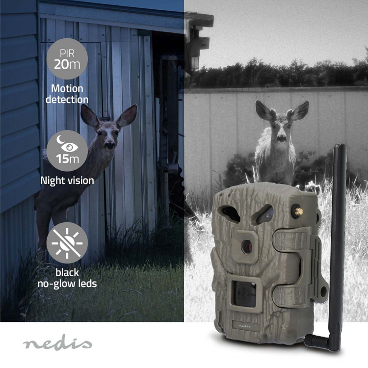 Nedis Wildlife Kamera | 1080p@30fps | 30.0 MPixel | 2 MPixel CMOS | IP66 | 4G | Svart No-Glow IR | Nattsyn | Betraktningsvinkel: 50 ° | Bevegelsessensor | Deteksjonsvinkel: 50 ° | Deteksjonsområde: 20 m | LCD skjerm | Grøn Nedis Wildlife Kamera | 1080p@30fps | 30.0 MPixel | 2 MPixel CMOS | IP66 | 4G | Svart No-Glow IR | Nattsyn | Betraktningsvinkel: 50 ° | Bevegelsessensor | Deteksjonsvinkel: 50 ° | Deteksjonsområde: 20 m | LCD skjerm | Grøn