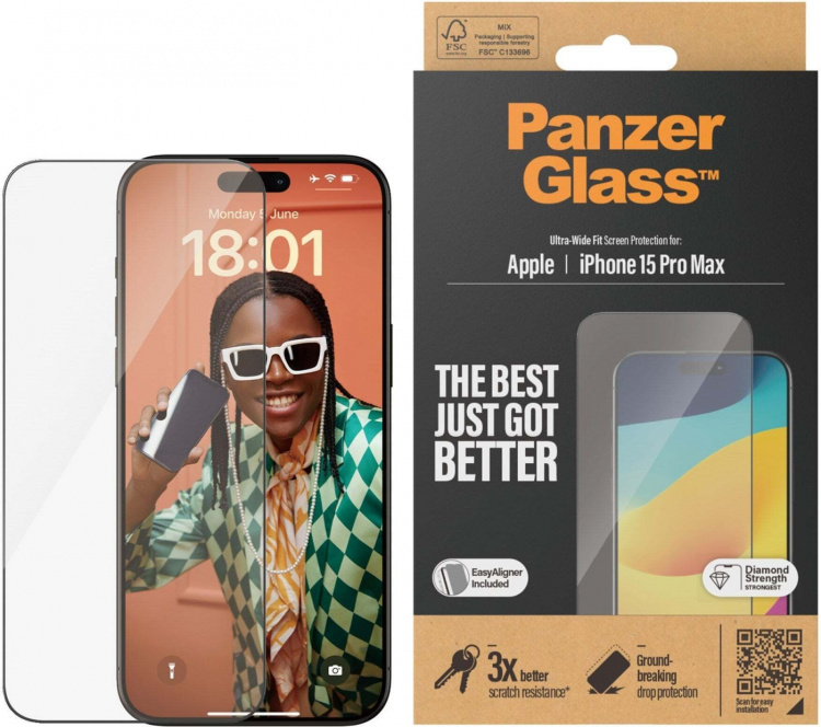 PanzerGlass Ultrabred passform med Aligner-beskyttelsesglass, iPhone 15 Pro Max.